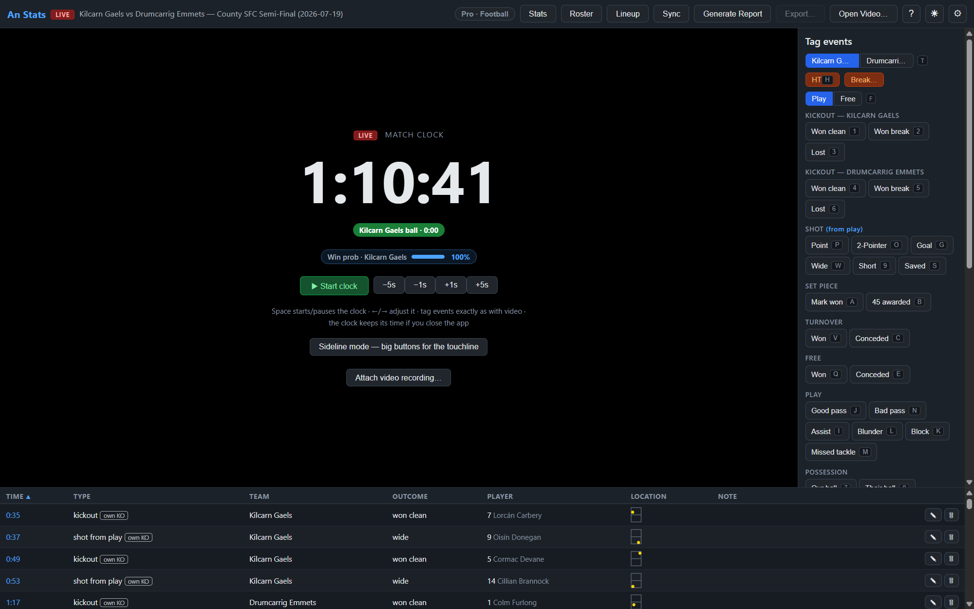An Stats live match screen: match clock, possession and win-probability chips, the full tagging panel and a long event list
